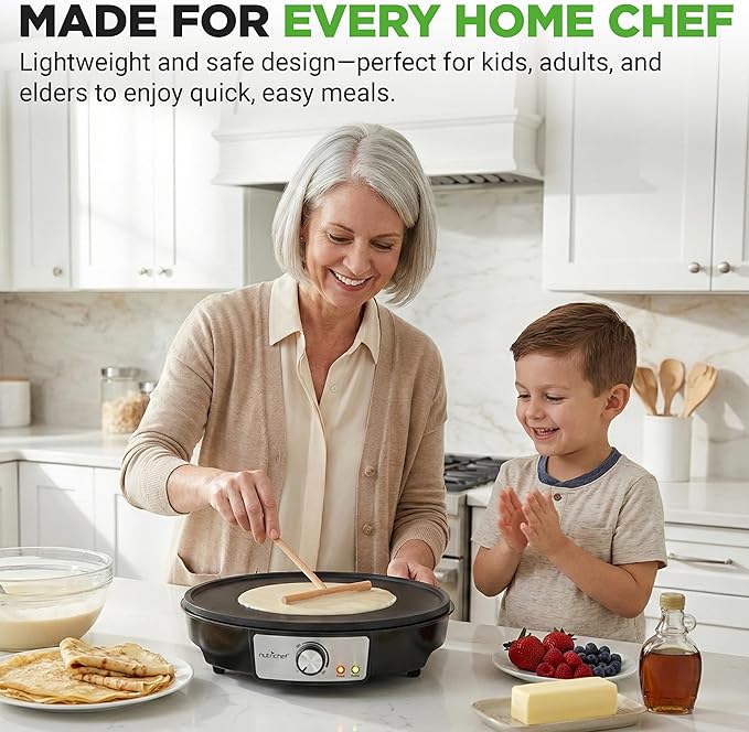Nutrichef Electric Crepe Maker & Griddle Cooktop - Nonstick 12 Inch Aluminum Hot Plate with LED Indicator Lights & Adjustable Temperature Control - Wooden Spatula & Batter Spreader Included