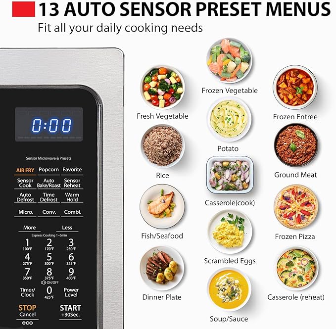 Toshiba Air Fryer Combo 4-in-1 Countertop Microwave Oven, Smart Sensor, Convection, Mute Function, Position Memory 13.6" Turntable, 1.5 Cu Ft, 1000W, Silver, ML-EC42P(SS)