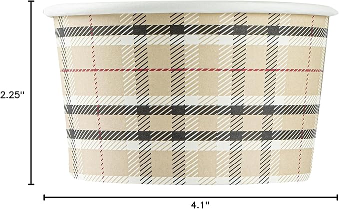 Restaurantware Coppetta 12 Ounce Dessert Cups, 50 Disposable Ice Cream Cups - Lids Sold Separately, Sturdy, Plaid Paper FroYo Bowls, For Hot And Cold Foods, Perfect For Gelato Or Mousse
