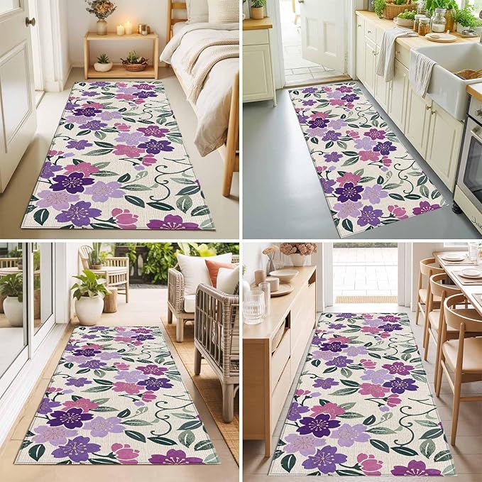 Runner Rug for Bedroom Hallway, Watercolor Country Flowers Kitchen Runner Rugs Area Rug 2x6ft, Plum Blossoms on Linen Washable Soft Floor Carpet for Entryway Stair