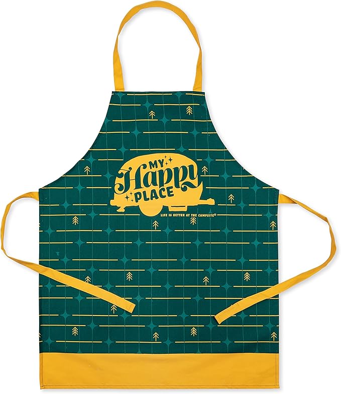 Camco Life is Better at The Campsite Apron | Features Camping/RV Themed Design on Green Grid | Great for Baking, Cooking and Grilling | Adult Sizing (53122)