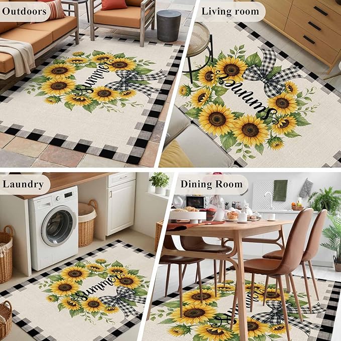 Area Rug 4x6ft, Summer Words Farm Sunflowers Washable Rugs for Living Room Bedroom, Butterflies Country Floral Soft Non-Slip Area Rugs Rectangle Floor Carpet for Dining Room