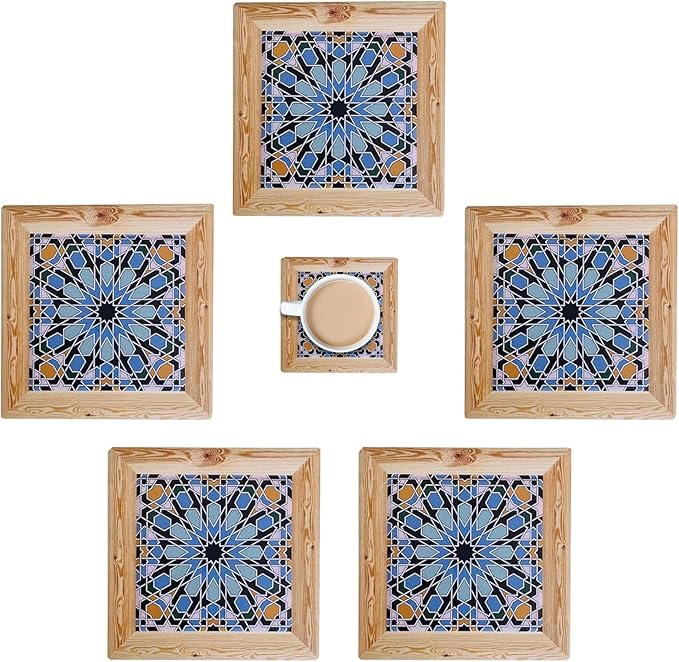 5-Pack Square Ceramic – Heat-Resistant Stone Drink Mats for Table, Modern Design for Coffee Table, Home Decor or Housewarming Gift (Cool-Toned Starburst with Blue and Aqua Accents)