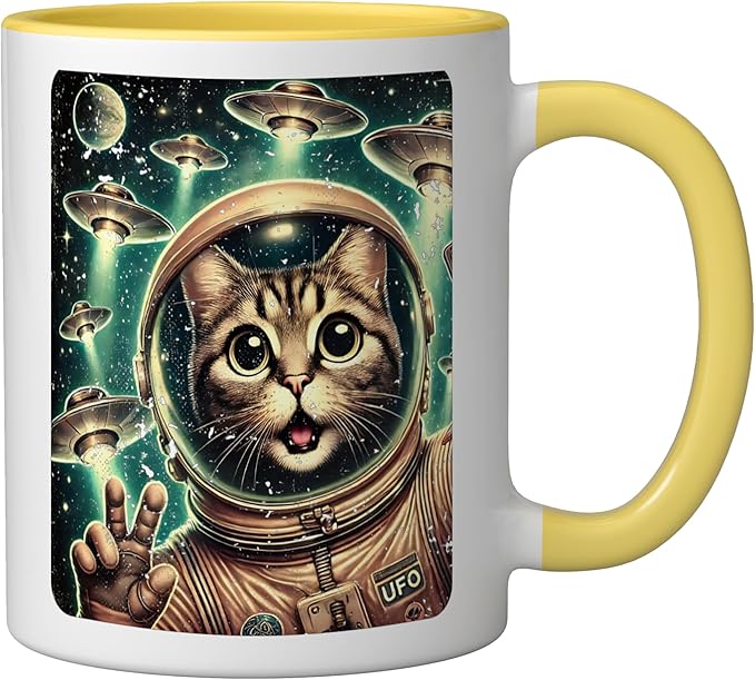 Space Cat Astronaut UFO Funny Sci-fi Alien Selfie Ceramic Mug, Yellow/White