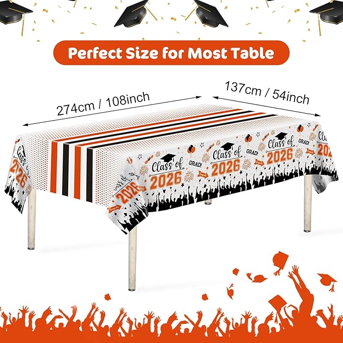 Graduation Decorations Class of 2026 Tablecloth - 3 Pcs Plastic Congrats Grad Table Cloth, Graduation Table Cover for Graduations Party Decorations 2026 and Party Supplies, 54"x108" (Orange and Black)