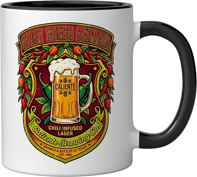 Spicy Fuego Cerveza Chili Texas Drinking Vintage Beer Label Ceramic Mug, Black/White