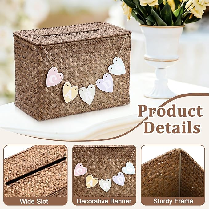Hipiwe Wedding Card Basket Box Handwoven Wedding Favors Post Boxes with Lid Seagrass Receiving Box Wedding Card Boxes for Birthdays Graduation Ceremonies Party, Coffee Color