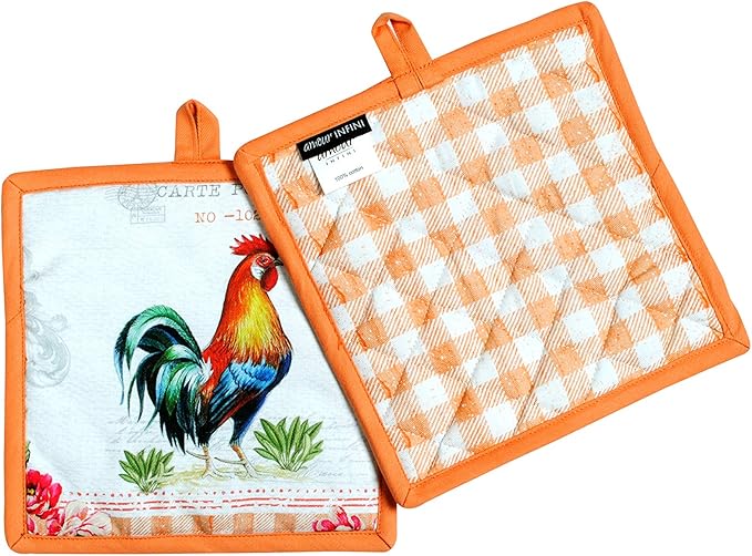AMOUR INFINI Oven Mitts and Pot Holders Sets Heat Resistant, Non-Slip 1 Oven Mitt and 1 Pot Holder BBQ Party Baking Kitchen Set (Farm Rooster Design)