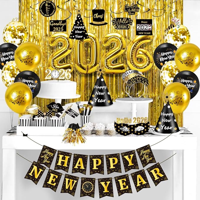 MOVINPE New Year Eve Party Decorations Kit 2026 - Happy New Year Party Supplies, Banner Cone Hats Tiaras Curtain Hanging Swirls Squawkers Blowouts Number Balloons Photo Booth Props Serve 20