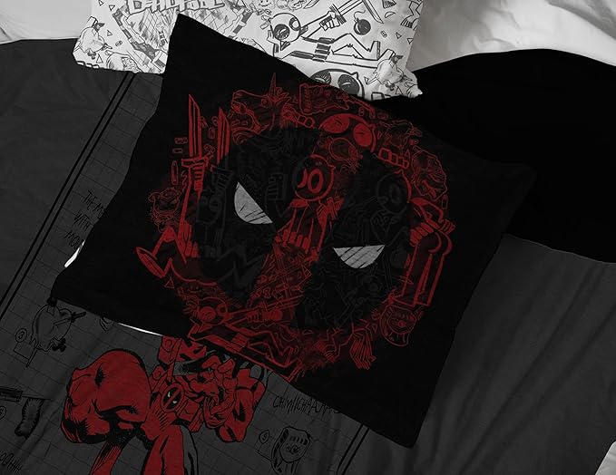 Jay Franco Marvel Deadpool Queen Size Comforter Set - 7 Piece Bedding Includes Sheet Set and Pillow Covers - Gray and Red Super Soft Cozy Bedding