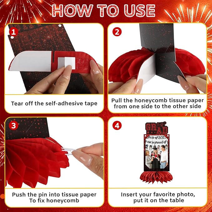 9 PCS Graduation Party Decorations Class of 2026 Honeycomb Centerpieces, Honeycomb Centerpieces for Graduation Photo Toppers Table Decorations. (Grad.Red)