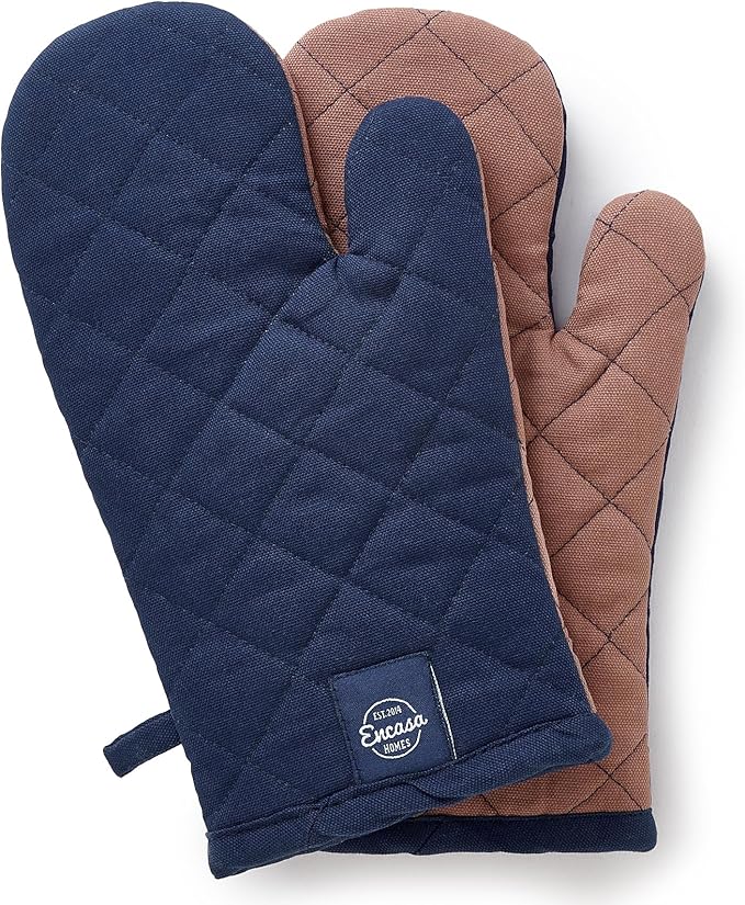 Encasa XO Heat Resistant Cotton Oven Gloves Mitts (2 Pc Set) - Quilted & Safe 12x6.6 in - for Kitchen, Cooking & Baking, Grilling, Handling Hot Pots & Pans - Scotch Blue