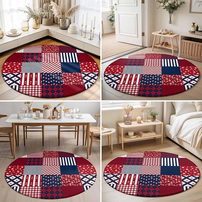 Washable Round Area Rug Abstract Splicing Stars Stripes Circle Rugs Floor Carpet for Living Room Bedroom, Independence Day Red Blue White Soft Non Slip Round Rug 3ft