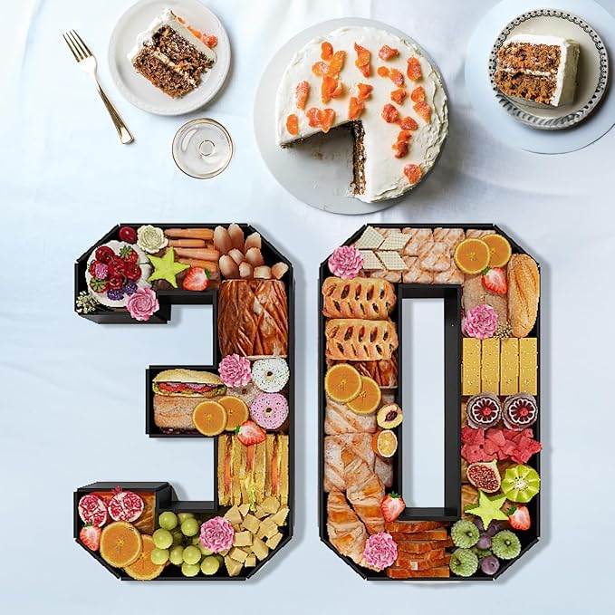 30 Cardboard Numbers for Charcuterie Numbers Fillable 13.8'' Black Paper Mache Number Shaped Cupcake Pans Board Box Trays Container for Food Candy 30th Birthday Party Decorations Anniversary