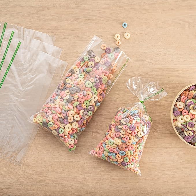 Restaurantware Candy Bags 100 Pcs 14" x 7" Heat-Sealable Clear Plastic Bags Greaseproof Home Compostable Freezer-Ready No-Flap Treat Carriers for Candies, Cookies, Bakery, Party Favours