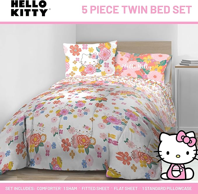 Jay Franco Hello Kitty Twin Size Comforter Set - 7 Piece Bedding Includes Sheet Set & Pillow Covers - Super Soft Floral Bedding