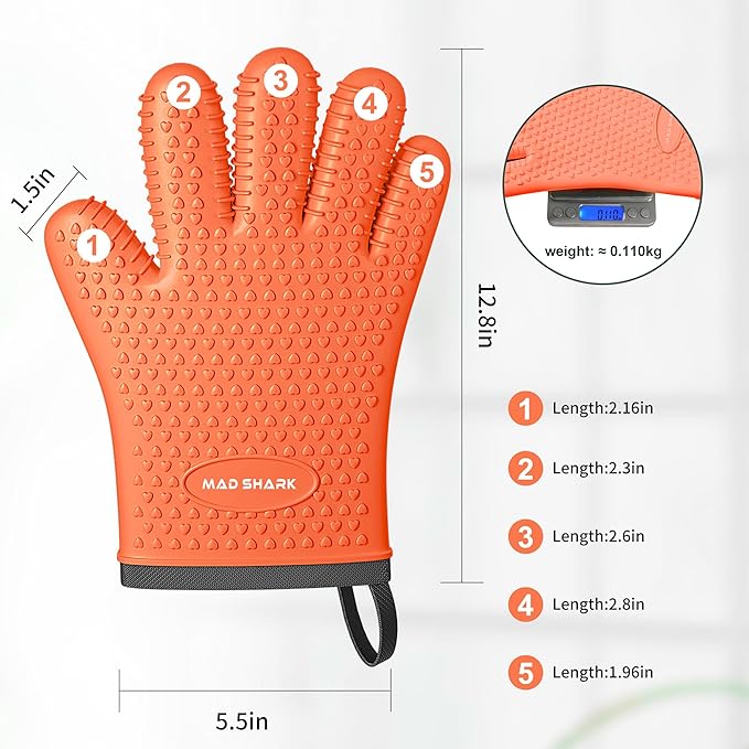 MAD SHARK Silicone Oven Mitts Heat Resistant 450°F with Waterproof & Non-Slip Oven Gloves with Fingers, Silicone Oven Gloves Kitchen Mittens for Baking Cooking Barbecue (Orange)