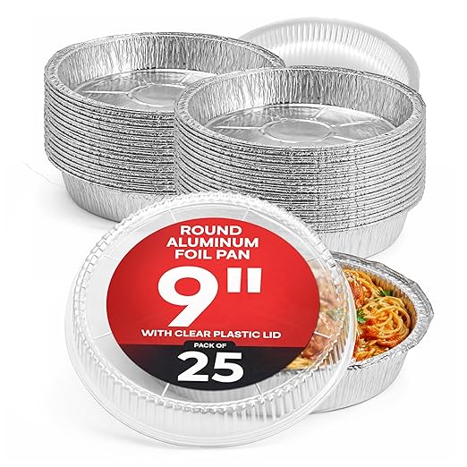 IDL Packaging 9" Round Aluminum Foil Pans with Dome Lids (Pack of 25) - Disposable Aluminum Container with Clear Plastic Lids - Great for Baking, Cooking, Serving