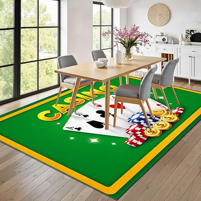 8x10 Area Rugs for Bedroom Boho Washable Man Cave Rug for Living Room Casino Theme Playing Cards Poker Chips Dollar Coins Soft Rubber Backed Non-Slip Large Carpets for Boys