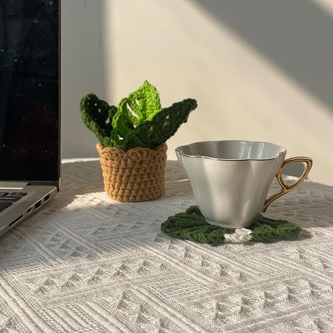 DICHA Monstera Crochet Coasters with Plant Pot-Container Beverage Coaster Sets with Holder Bar Coasters for Drinks Coffee Table Desk-Succulent Plant Pot Coaster-Set of 5