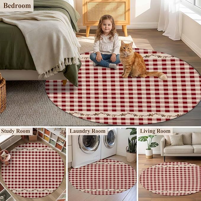 Washable Round Area Rug Vintage Red Buffalo Plaid Berry Circle Rugs Floor Carpet for Living Room Bedroom, Farmhouse Western Star Soft Non Slip Round Rug 3ft