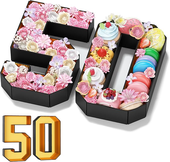 50 Cardboard Numbers for Charcuterie Fillable 13.8'' Black Gold Paper Mache Number Shaped Cupcake Pans Board Box Trays Container for Food Candy 50th Birthday Party Decorations Anniversary