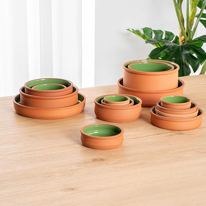 Restaurantware-Terra Tek 8.5 Ounce Terracotta Cazuelas, 2 Green Glazed Clay Pots For Cooking - Oven-Ready, Microwavable, Terracotta Serving Pots, Dishwashable, For Cooking And Serving