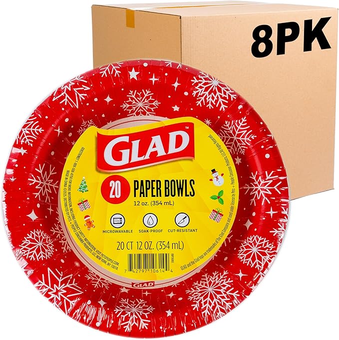 Glad Everyday Disposable Paper Bowls, Red Snowflake Holiday Design - Heavy Duty Soak-Proof Microwavable Paper Bowls - For Soups, Cereals, and Hot Foods, 12 Ounce, 20 Count - 8 Pack