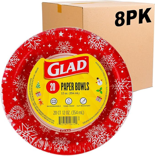 Glad Everyday Disposable Paper Bowls, Red Snowflake Holiday Design - Heavy Duty Soak-Proof Microwavable Paper Bowls - For Soups, Cereals, and Hot Foods, 12 Ounce, 20 Count - 8 Pack