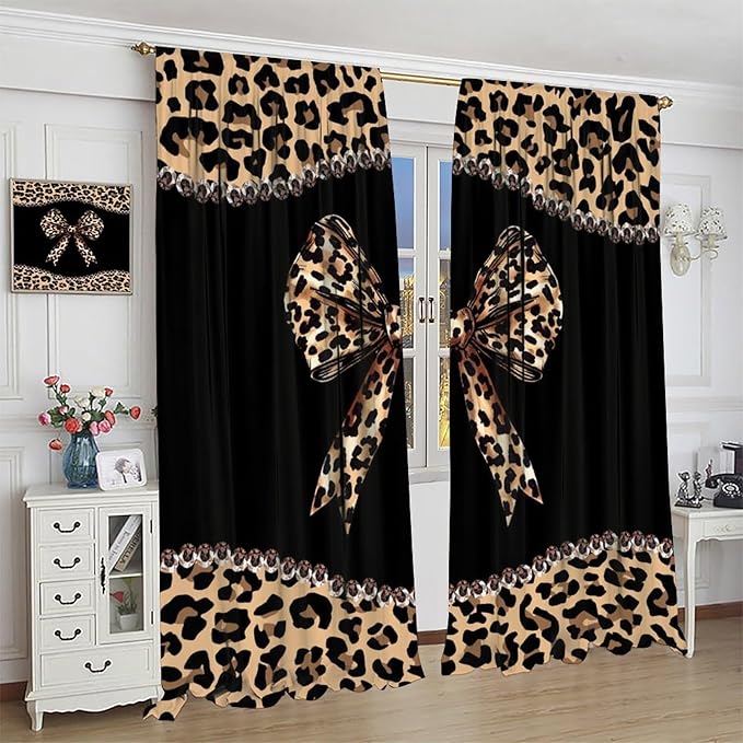 Bow Blackout Curtain,African Cheetah Leopard Girls Women Modern Fashion Window Curtains for Kitchen Bedroom Cafe Dining Room Office Living Room Drapes,52x96 in