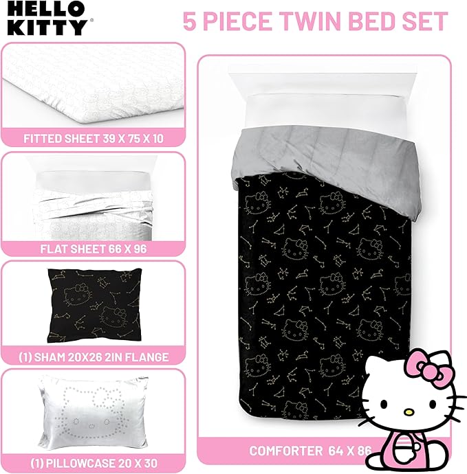 Jay Franco Hello Kitty Stars Twin Comforter Set - 5 Piece Bedding Includes Sheet Set & Pillow Covers - Super Soft Zodiac Black & Gold Bedding