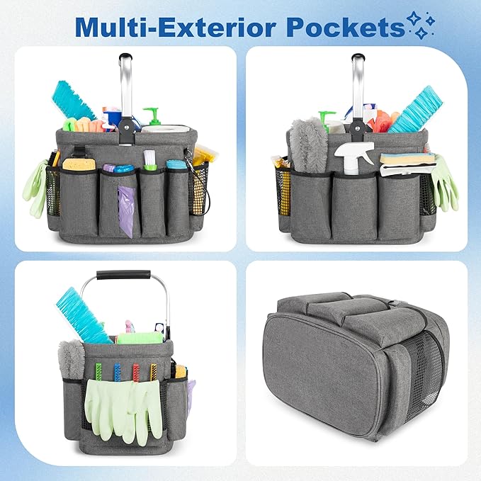 PGmoon Cleaning Caddy Organizer with Handle, Cleaning Tote Bag with Multiple Pockets for Cleaning Supplies, Products Storage, Housekeepers, Car Cleaning, Grey