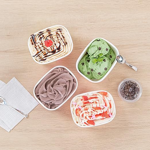 Restaurantware Paper Cups 200 Count 12 Ounce Square Disposable Ice Cream Containers, Leak-Resistant Paper Dessert To Go Cups, Hot And Cold Food, Durable Assorted Groovy Design
