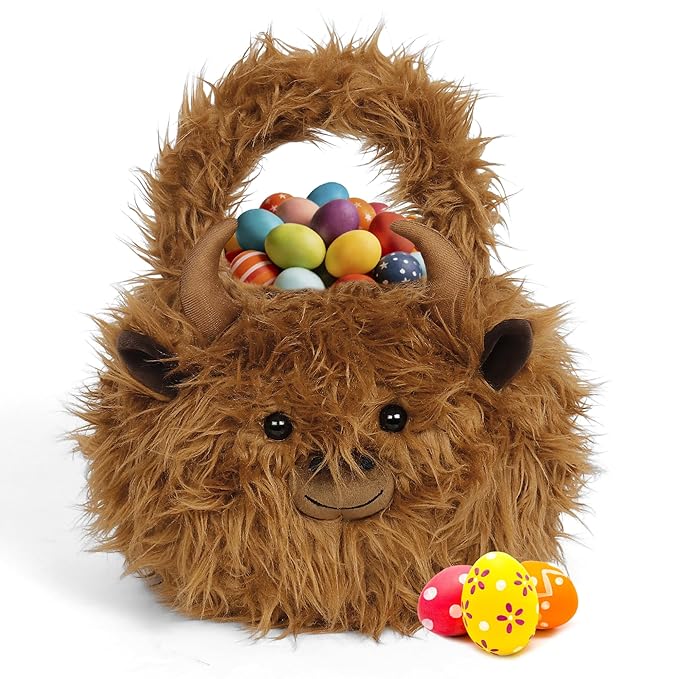 Easter Basket, Highland Cow Easter Baskets for Kids, Baskets with Handle for Gifts Empty, Bunny Egg Hunting, Basket Stuffers Essentials