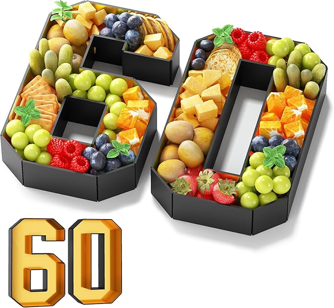 60 Cardboard Numbers for Charcuterie Fillable 13.8'' Black Gold Paper Mache Number Shaped Cupcake Pans Board Box Trays Container for Food Candy 60th Birthday Party Decorations Anniversary