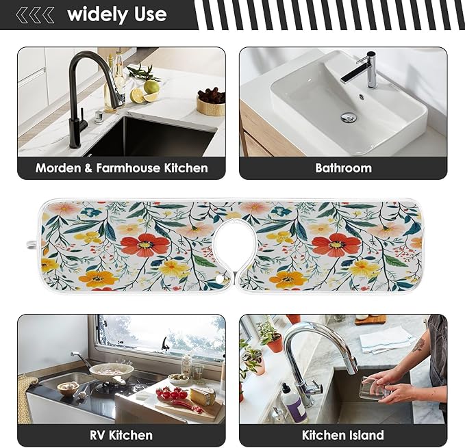 Kitchen Faucet Absorbent Mat,Summer Blooming Flower Water Splash Guard for Sink, Faucet Drip Catcher Thicken Sponge Microfiber Faucet Water Catcher Mat Sink Absorbent Mat for Kitchen 14x5in 2 Pack