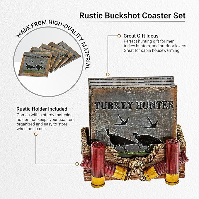 Pine Ridge Buckshot Absorbent Coaster Set with Holder - Table Coasters Home Decors for Drinks - Rustic Turkey Hunter Country Coaster Decoration