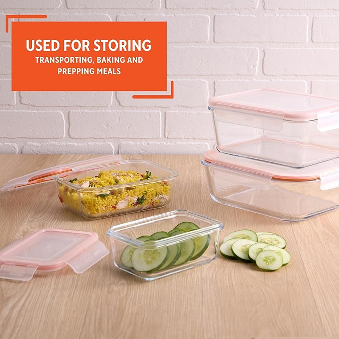 IMUSA Glass Food Storage Containers with Lids, 10 Piece Set Borosilicate Glass Meal Prep Containers Oven Microwave Freezer Safe Airtight and Leakproof