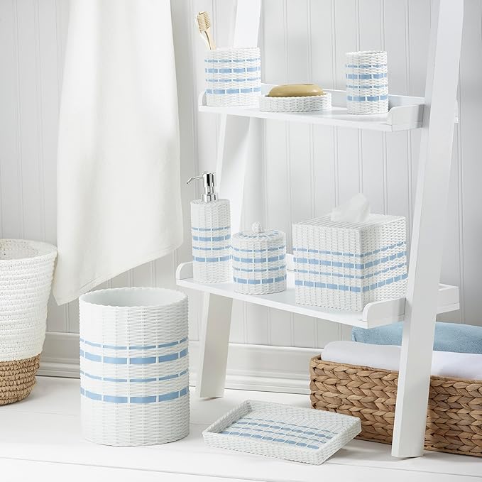 Izod – Toothbrush Holder, Wicker-Textured Hand-Painted Resin with Stripe Detail, Coastal Home Decor – Perfect for Organizing Bathroom Essentials (Savannah)
