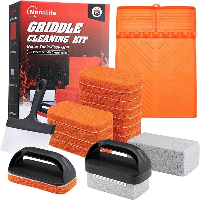18 PCS Griddle Cleaning Kit for Blackstone, Heat-Resistant Silicone Spatula Mat with Hanger, Flat Top Grill Cleaning Kit with Cleaner Stone Brick, Griddle Scraper & Scouring Pads