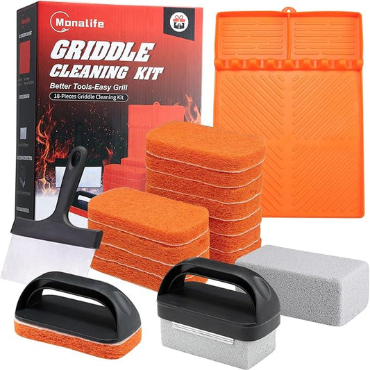 18 PCS Griddle Cleaning Kit for Blackstone, Heat-Resistant Silicone Spatula Mat with Hanger, Flat Top Grill Cleaning Kit with Cleaner Stone Brick, Griddle Scraper & Scouring Pads