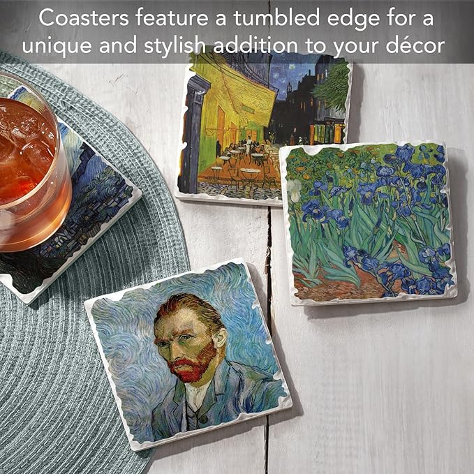 Thirstystone Van Gogh Classics 4 Pack Assorted Tumbled Tile Stone Coasters with Protective Cork Backing Manufactured in The USA Absorbent Easily Wipes Clean