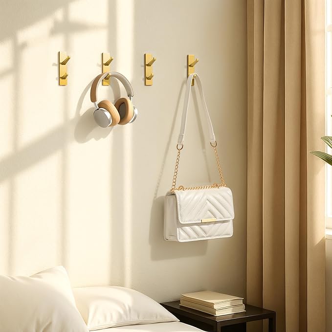 susswiff Gold Wall Hooks for Coat Towel: 13LB Adhesive Door Hanger Stick on, 4 Pack