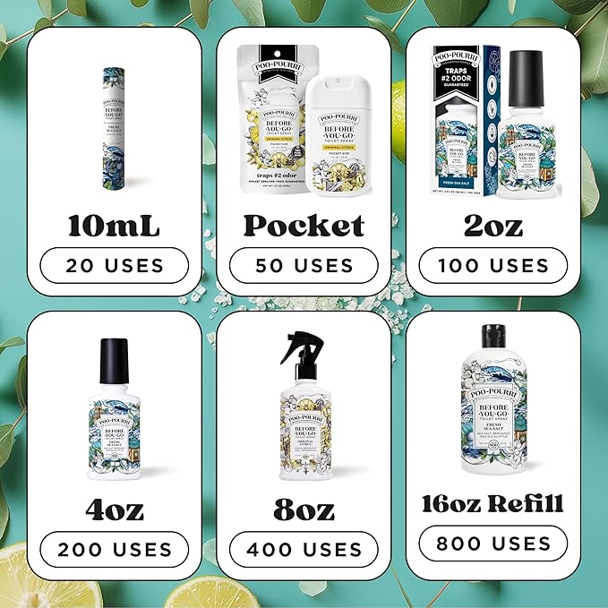 Poo-Pourri Before-You-Go Toilet Spray, Fresh Sea Salt, 2 Fl Oz, Up to 100 Uses, Bathroom Odor Deodorizer with Essential Oils for Home or Work, Travel Essentials, TSA Approved Size, Sea Salt Bergamot