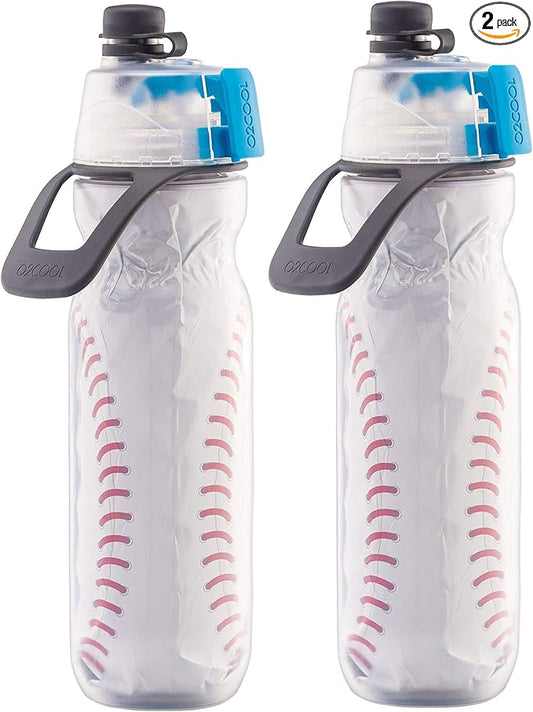 O2COOL Mist 'N Sip Misting Water Bottle 2-in-1 Function With No Leak Pull Top Spout Sports Reusable Water Bottle - 20 oz (2 Pack Baseball)