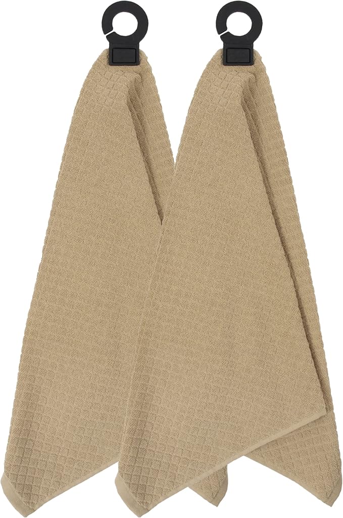 Ritz Premium Hook and Hang Towel, (2-Pack), 18" x 28", Long-Lasting Durable Rubber Hook, Highly Absorbent Super Soft Hand Cloths for Kitchen, Bathroom, Laundry Room, Biscotti