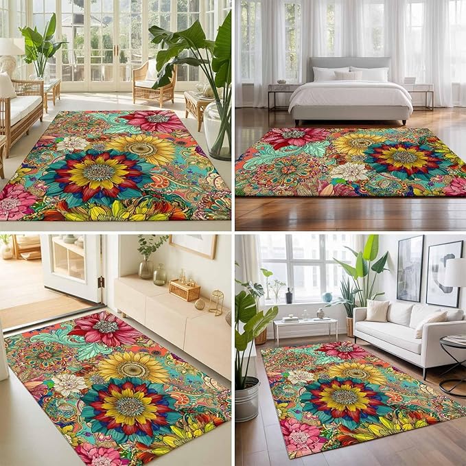 Area Rug 8x10ft, Boho Colorful Blossom Flower Washable Rugs for Living Room Bedroom, Country Retro Ethnic Floral Soft Non-Slip Area Rugs Rectangle Floor Carpet for Dining Room