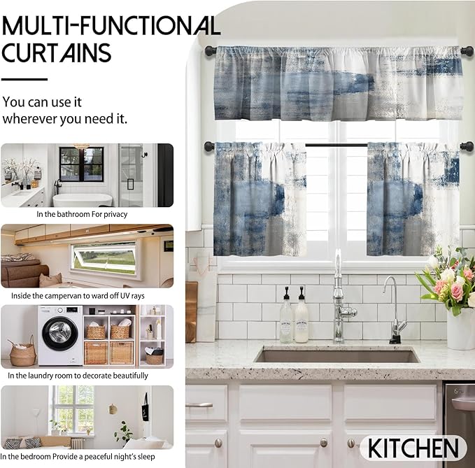 MCALK Blue Blackout Kitchen Curtains Tiers and Valances for Windows, Modern Abstract Art for Living Room (36" Tiers Set)