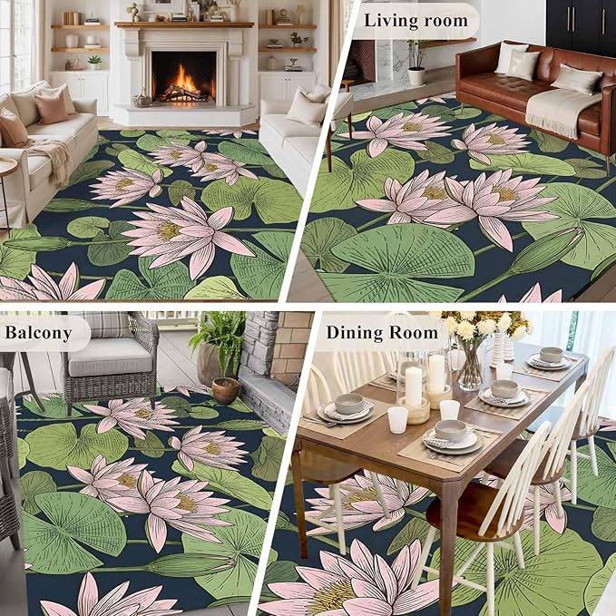 Area Rug 8x10ft, Pink Lotus Water Lily Dark Green Leaves Washable Rugs for Living Room Bedroom, Oriental Style Soft Non-Slip Area Rugs Rectangle Floor Carpet for Dining Room
