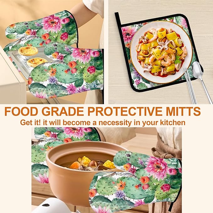 Flower Cactus Oven Mitts with Matching Potholders - Heat Resistant Kitchen Accessories for Baking, Grilling, Cooking, Gifts for Women
